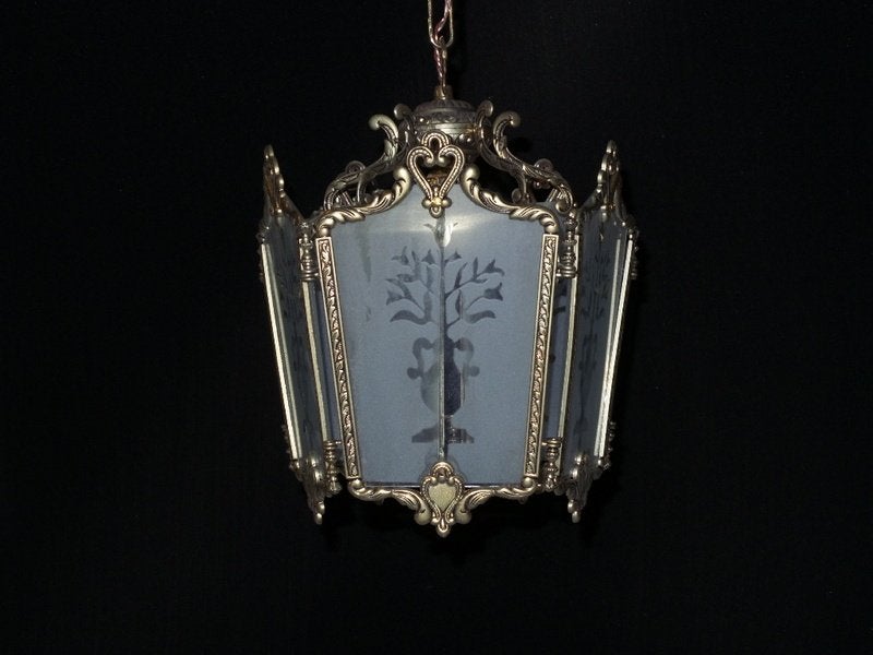 Oude lantaarn met zilver vernikkeld frame en 5 facetgeslepen, Ophalen of Verzenden, Gebruikt, E27 (groot)