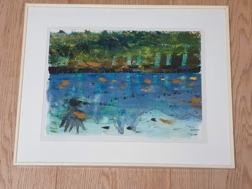 schilderij modern geabstraheerd Landschap water met bomen, Ophalen