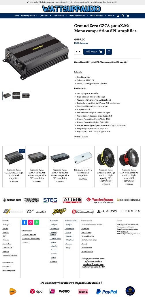 Ground Zero GZCA 3000X.M1 Monoblok versterker 3000W RMS, Erlenweg 25, 85658 Egmating, Germany, Nieuw, https://www.ground-zero-audio.com/en/support-en/contact-page/
