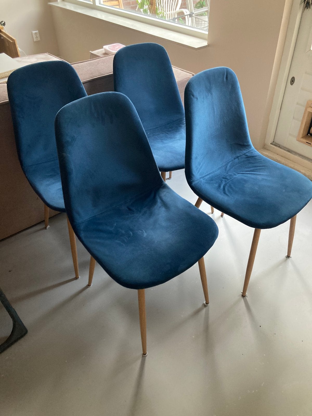 Vier Jysk eettafelstoelen, Ophalen, Gebruikt, Blauw, Vier