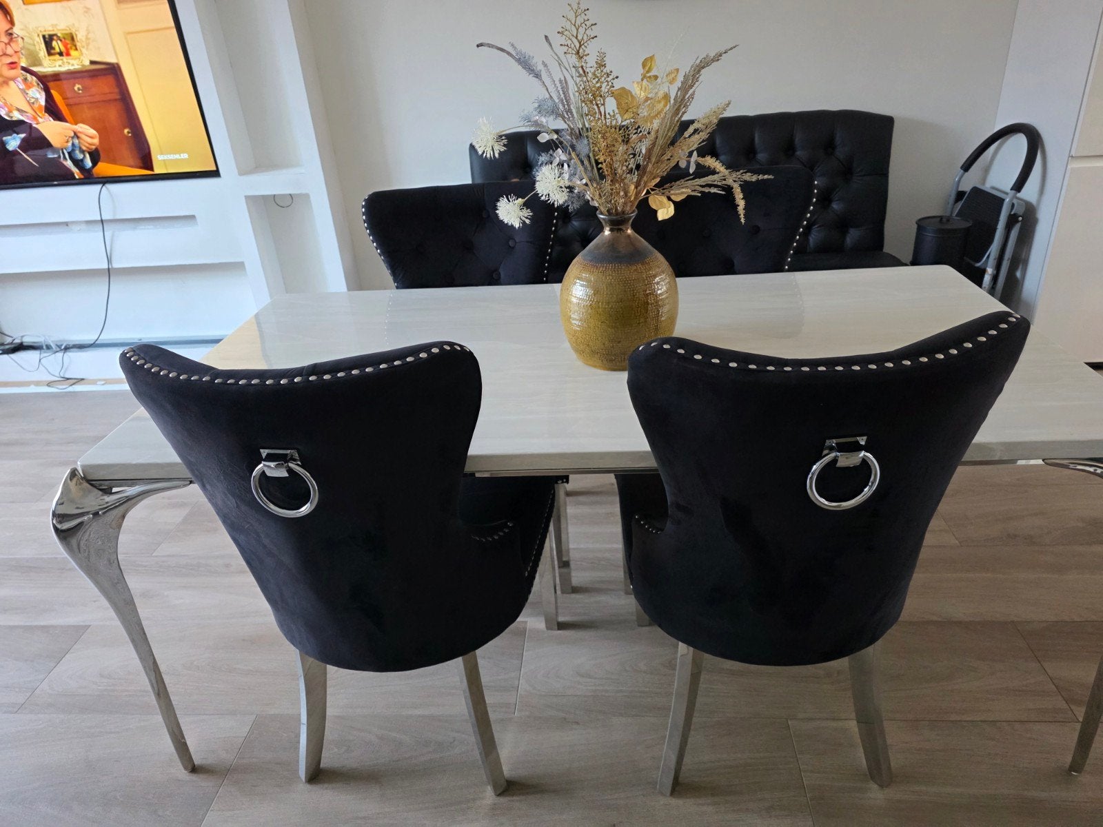 Luxe eettafel + salontafe met marmer blad en chromen poten, Zo goed als nieuw, Modern, Luxe, 150 tot 200 cm, Vier personen
