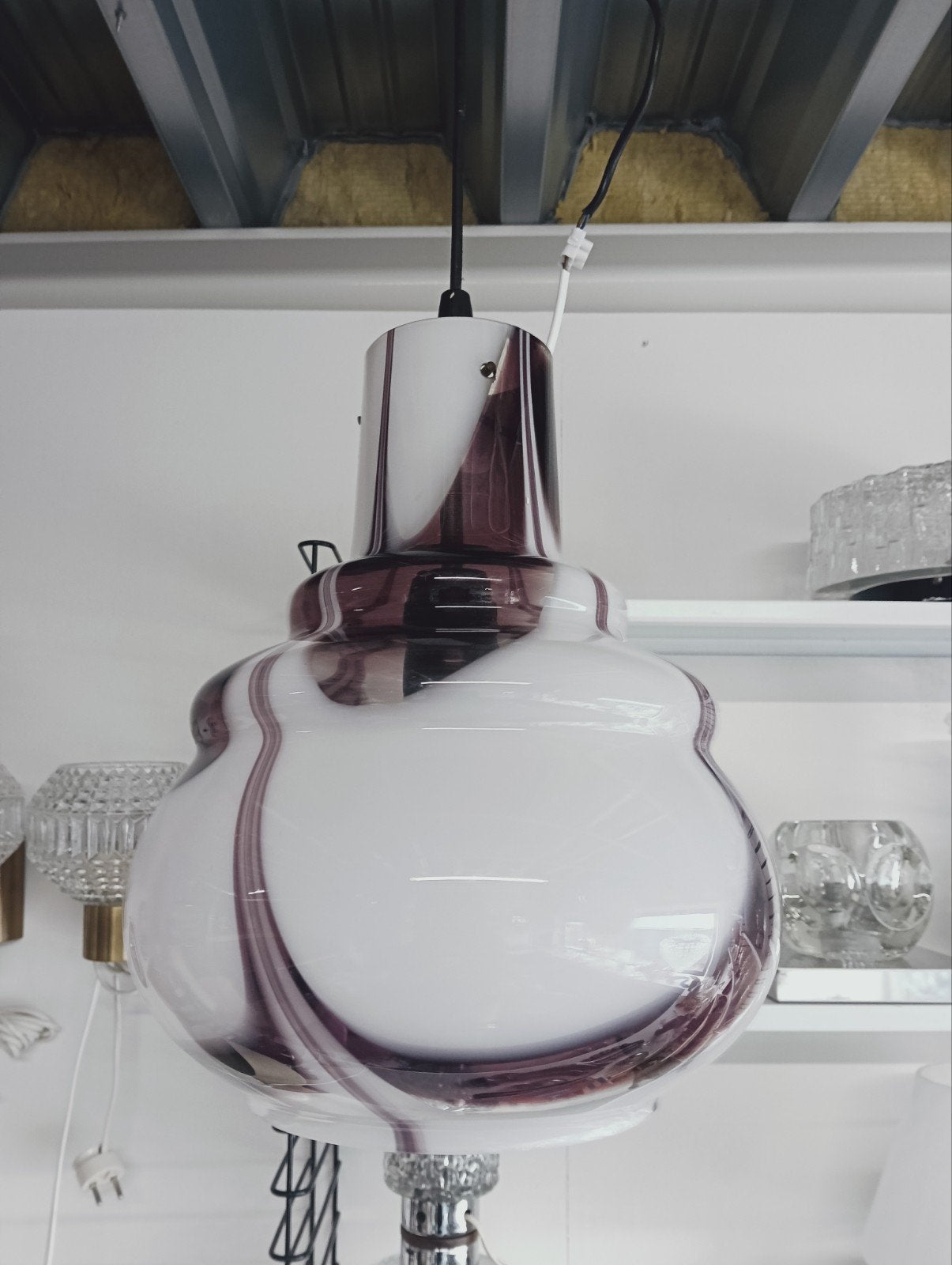 Vintage Murano hanglamp - wit met paarse swirl, Ophalen of Verzenden