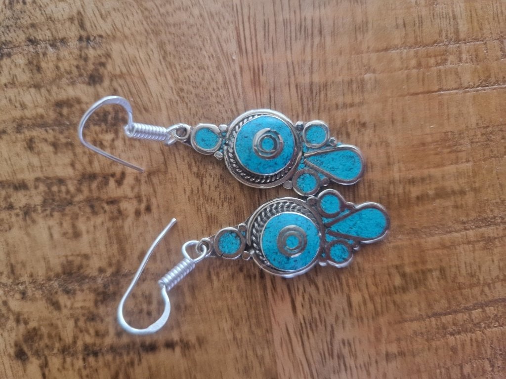 Tibetaans zilveren oorbellen van turquoise, Ophalen of Verzenden, Zilver, Oorbellen, Met edelsteen