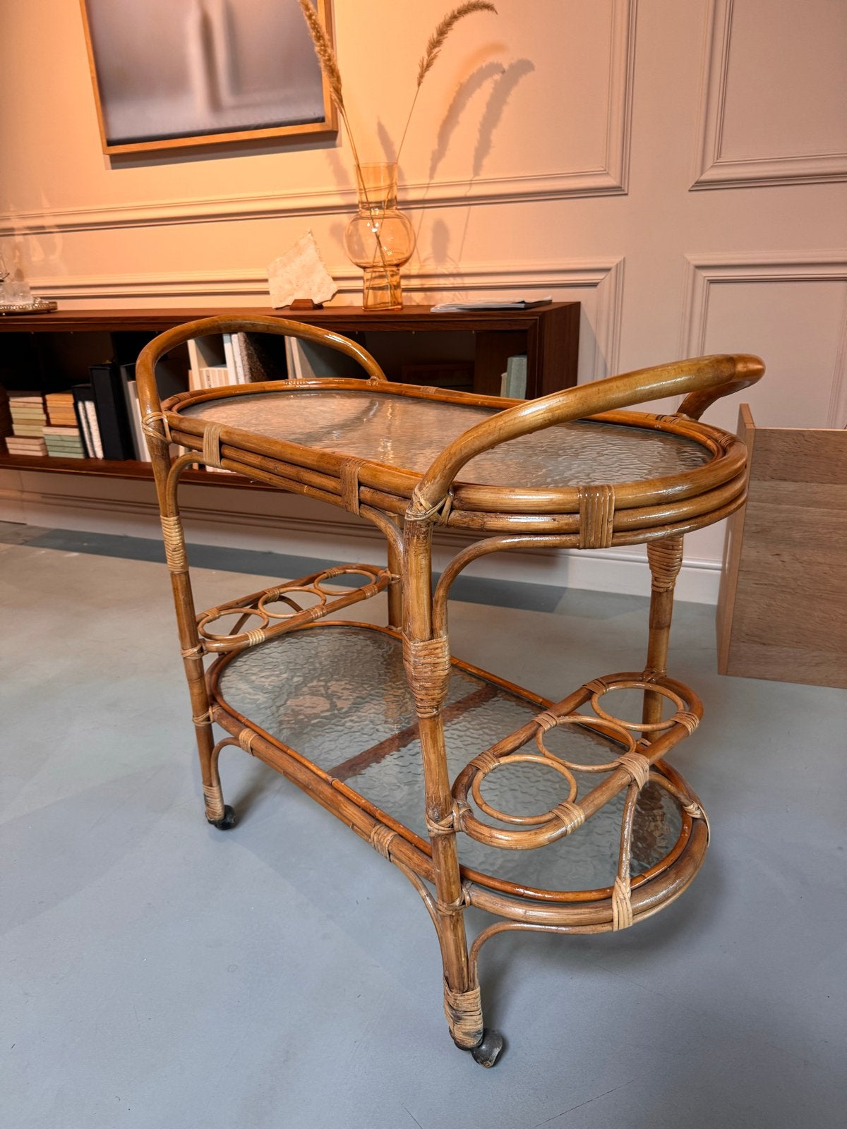 Zara Home rotan theewagen met glasplaten, Huis en Inrichting, Ophalen, Boho, Zo goed als nieuw, Natuurlijk materiaal
