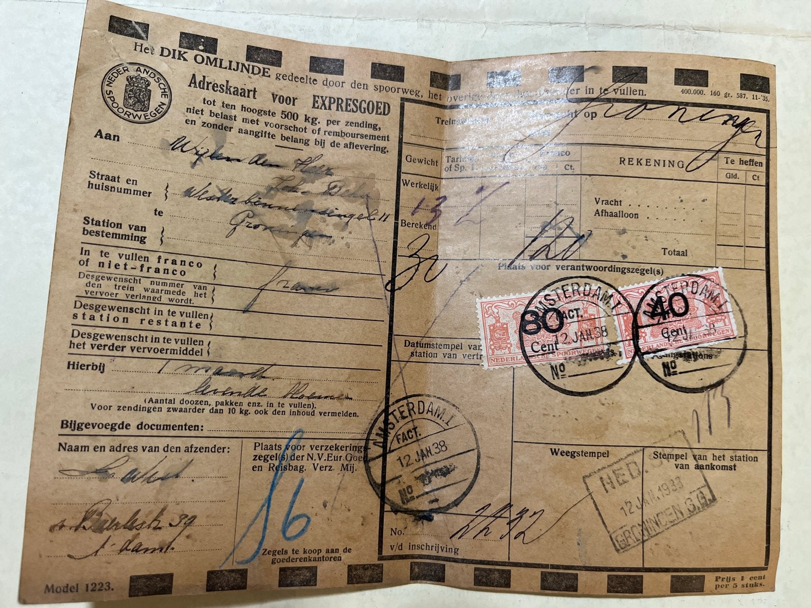 Oude Nederlandse Spoorwegen vrachtbrief 1938, Ophalen of Verzenden, 1920 tot 1950, Overige typen
