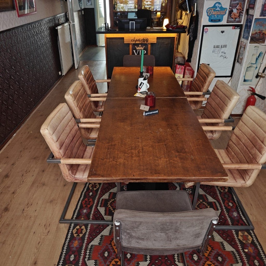 Mancave horecatafel en stoelen., Huis en Inrichting, Tafels | Eettafels, Ophalen, Gebruikt, Teakhout, 200 cm of meer