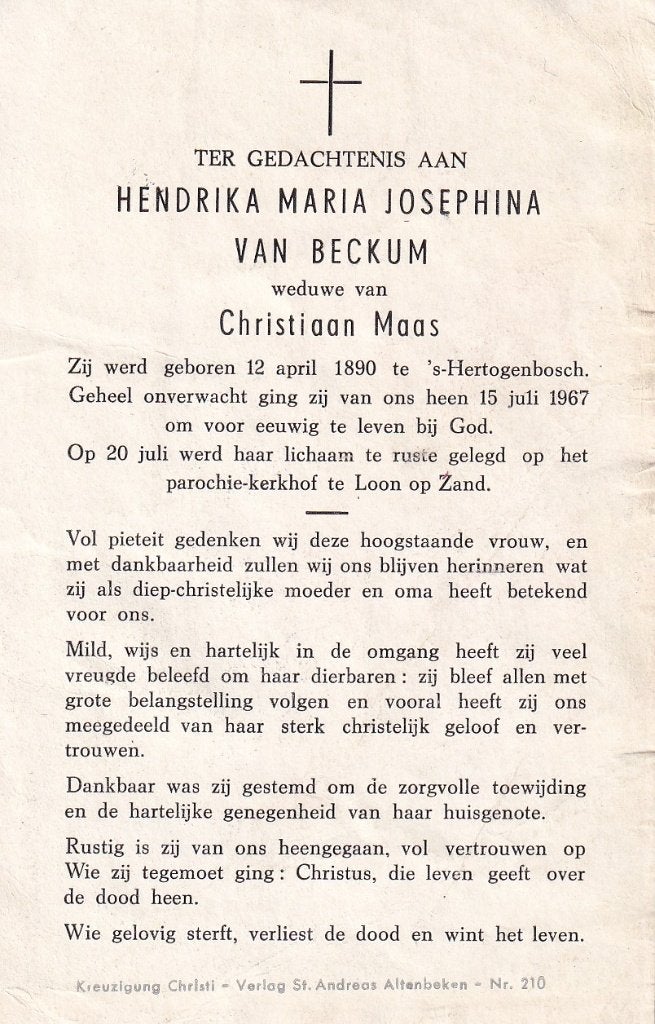 Beckum Hendrika 1890n Den Bosch 1967 begr Loon op Zand, Ophalen of Verzenden, Bidprentje