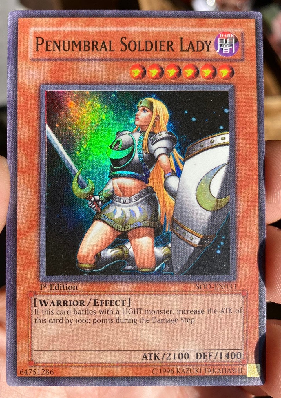 Yu-Gi-Oh! Penumbral Soldier Lady SOD 1st Edition !, Ophalen of Verzenden, Zo goed als nieuw, Losse kaart, Foil