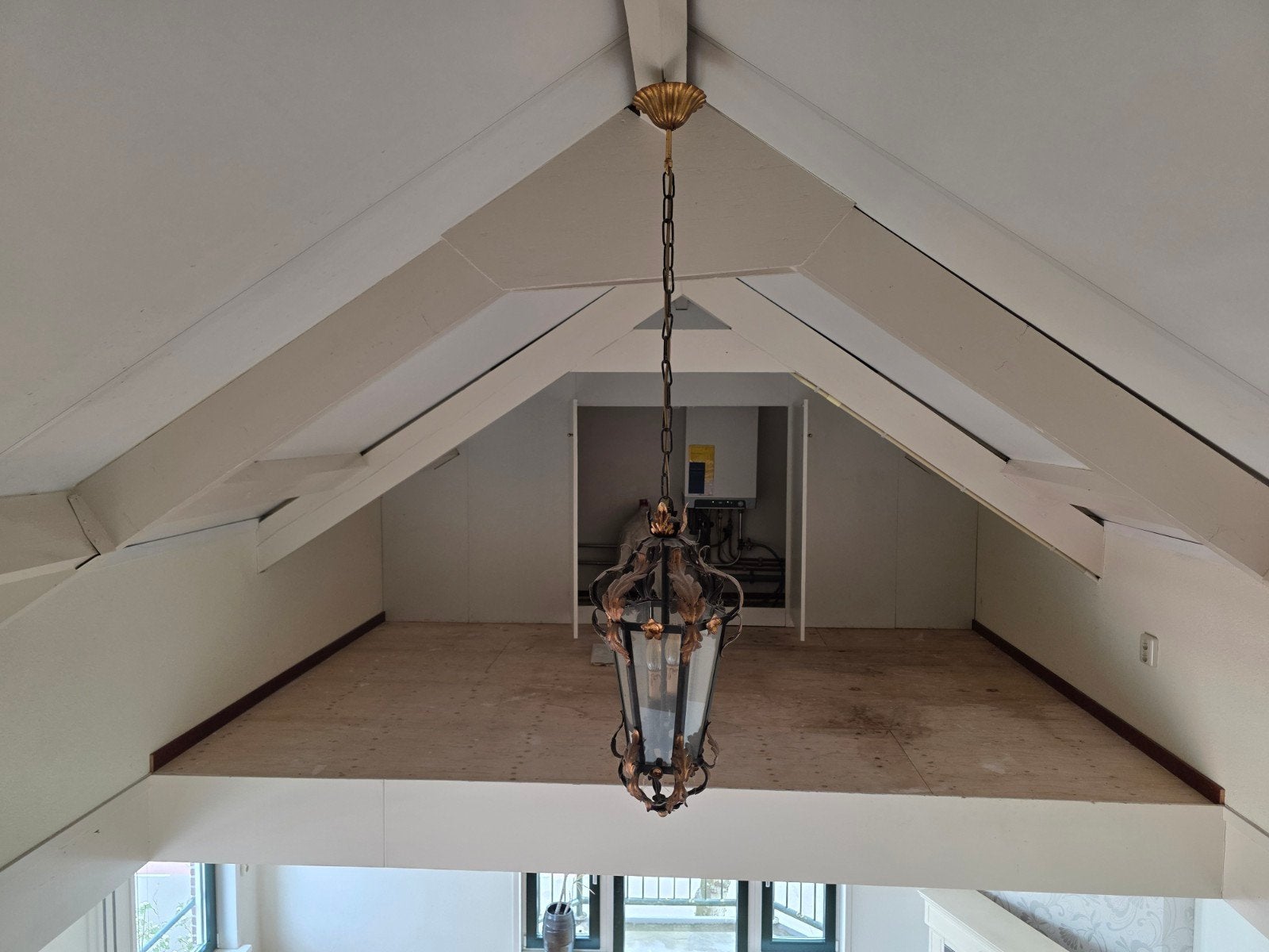 Klassieke hanglamp / lantaarnlamp (messingkleurig met glas), Ophalen of Verzenden, Gebruikt, Glas