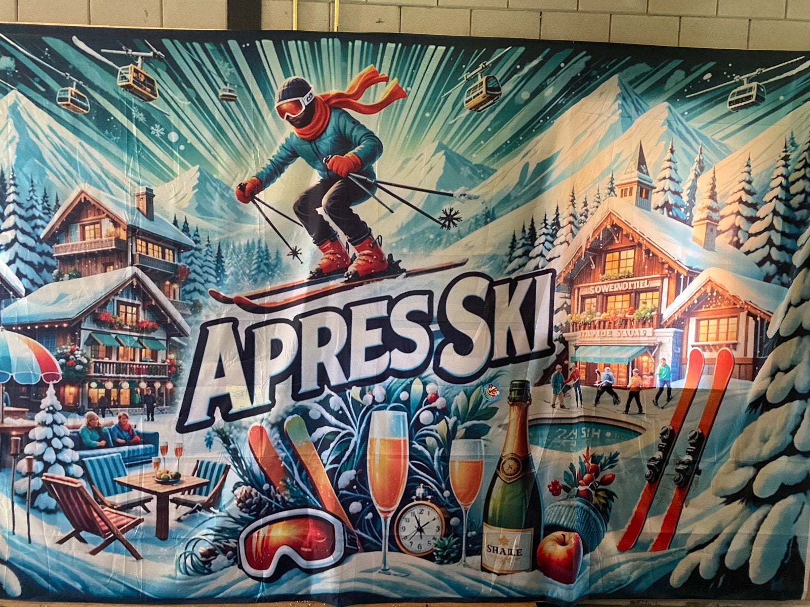 Apres Ski Feestdecoratie Achtergronddoek - afm 400 x 240 cm, Ophalen of Verzenden, Zo goed als nieuw, Versiering, Overige