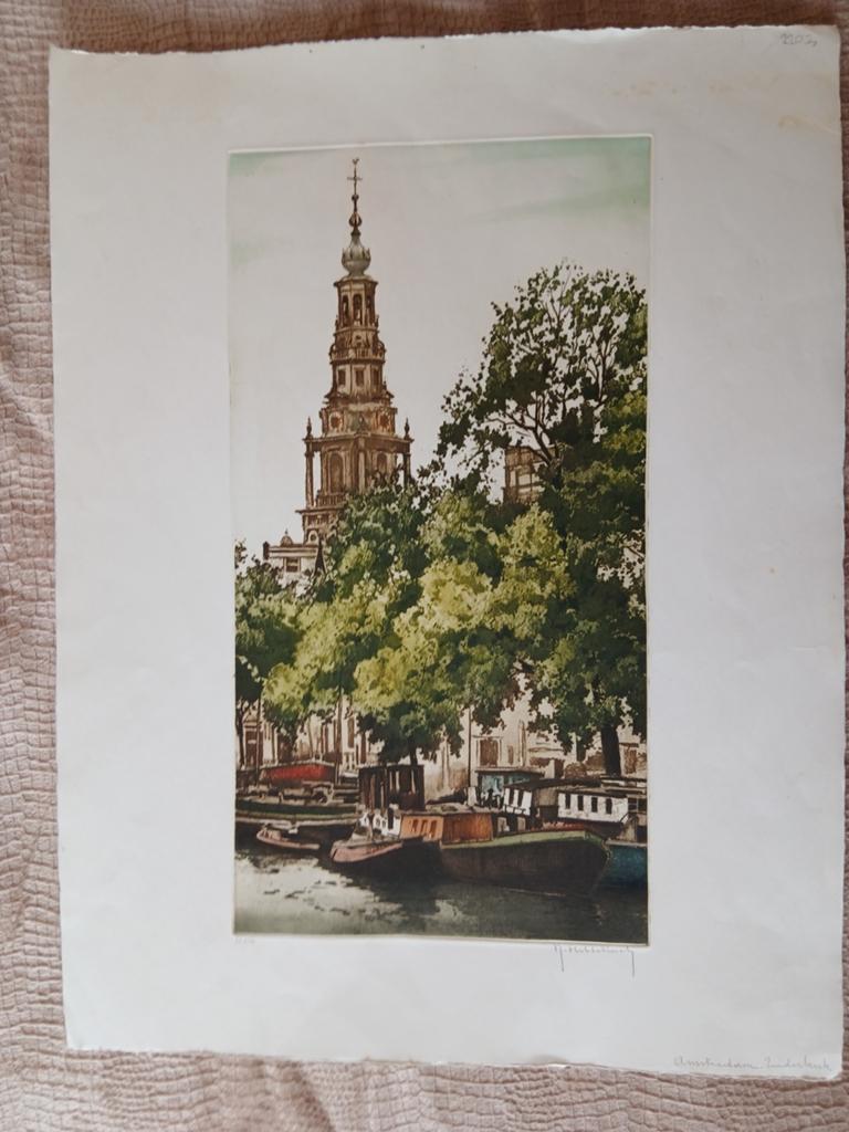 Ets Roger Hebbelinck - Amsterdam, Zuiderkerk, Antiek en Kunst, Kunst | Etsen en Gravures, Ophalen of Verzenden, Stadsgezicht, Ets
