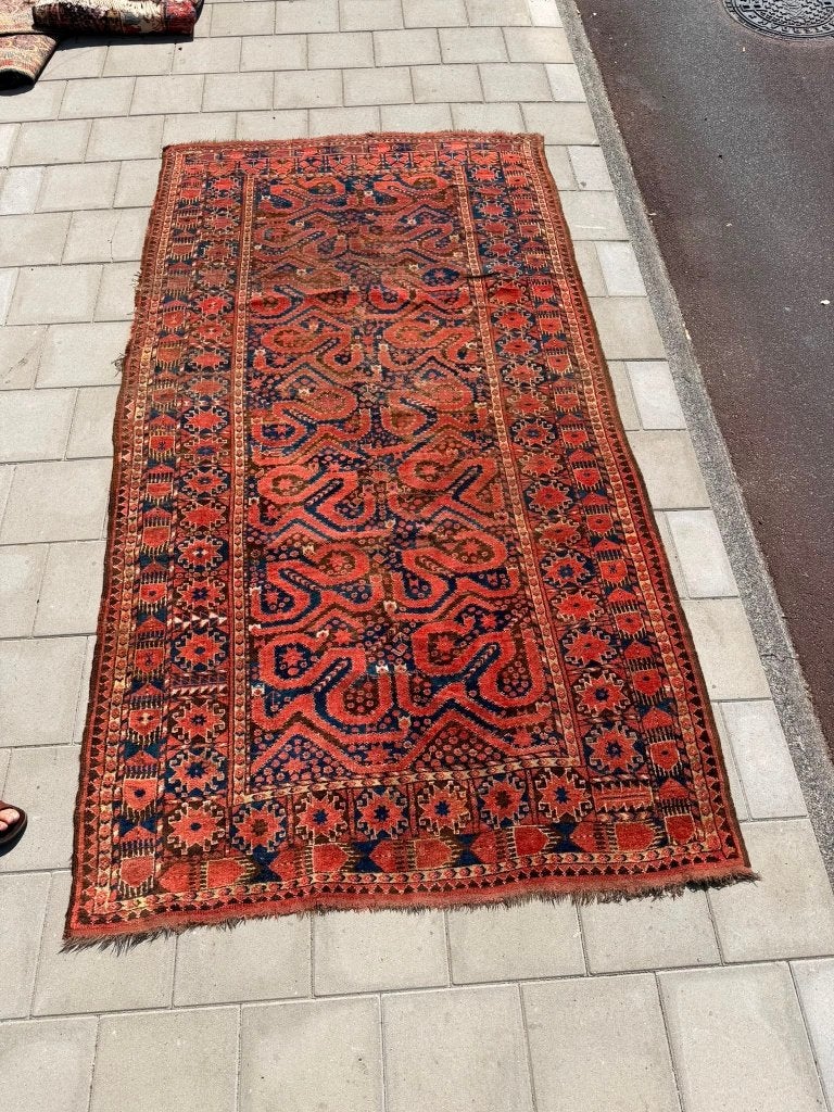 Uniek Bashir tapijt –295x163cm– verfijnd met slangenmotieven, Gebruikt, 200 cm of meer, Blauw, Ophalen of Verzenden