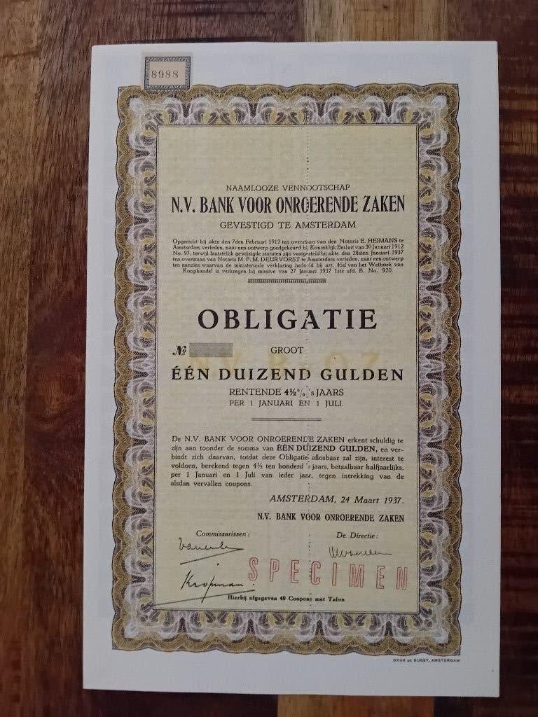 NV Bank voor Onroerende Zaken - Amsterdam - 1937, Postzegels en Munten, Aandelen en Waardepapieren, Ophalen of Verzenden, 1920 tot 1950