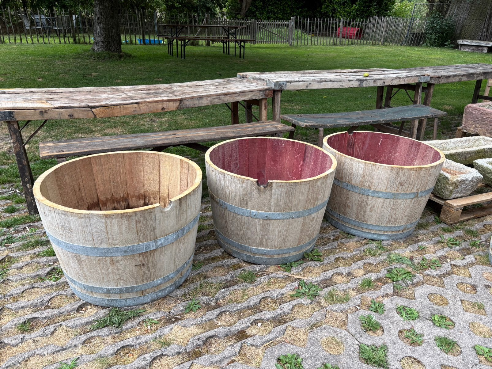Half eikenhouten wijnvat - plantenbak 110 liter, Tuin en Terras, Bloembakken en Plantenbakken, Ophalen, Gebruikt, Rond, Nvt