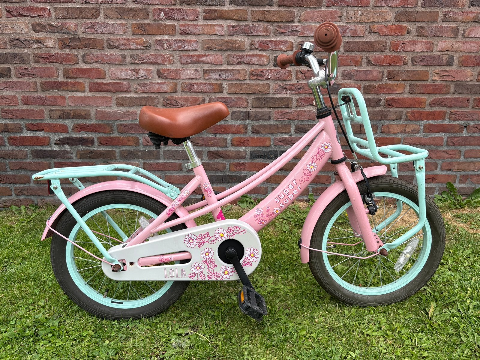 Supersuper Lola Meisjesfiets 16 inch – Roze / Turquoise, Fietsen en Brommers, Fietsen | Meisjes, Ophalen, Gebruikt, Terugtraprem