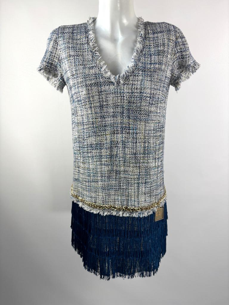 ELISABETTA FRANCHI Blauw tweed fringes jurk IT 46 - EU 38/40, Kleding | Dames, Maat 38/40 (M), Ophalen of Verzenden, Zo goed als nieuw