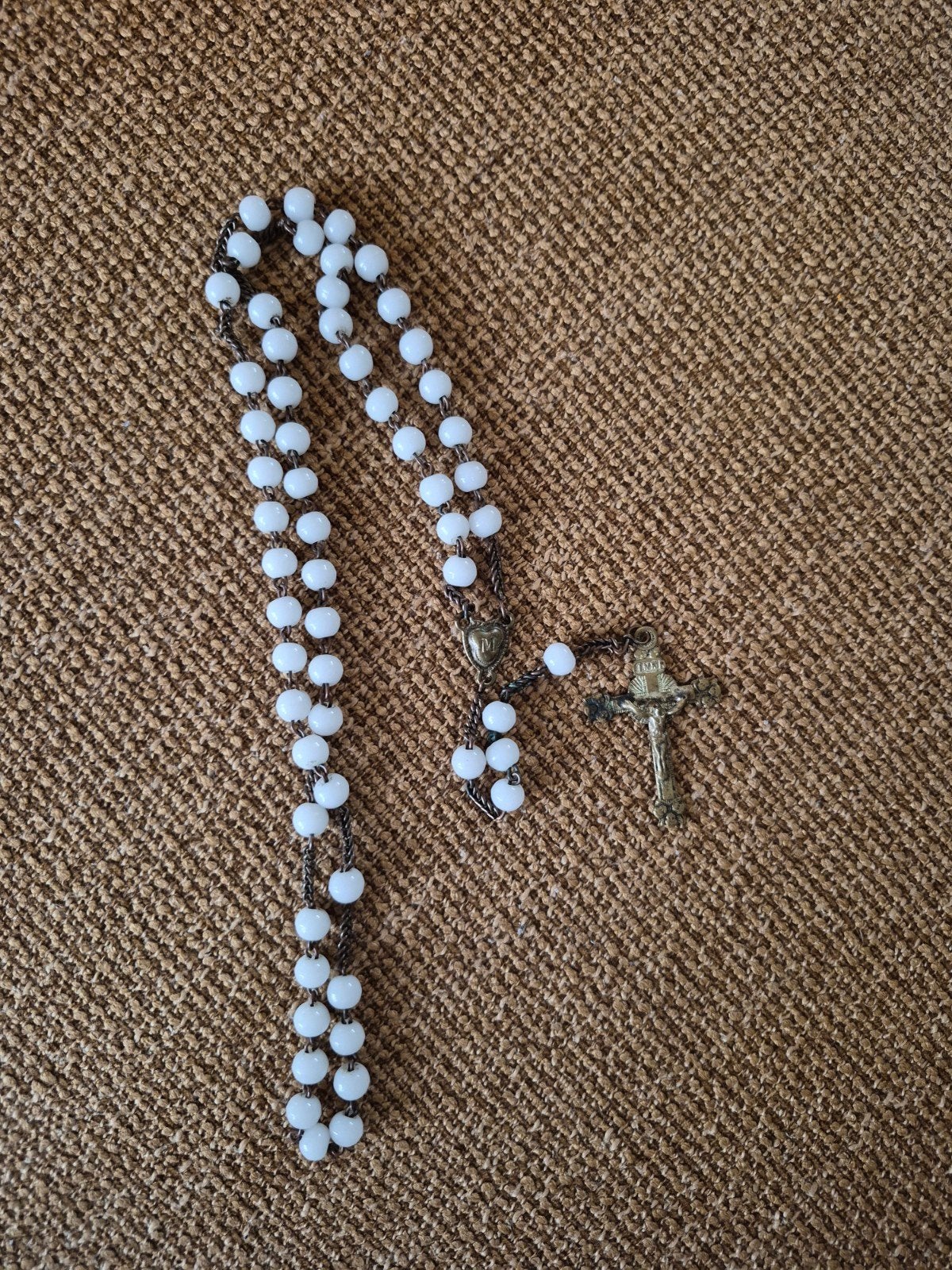 Antieke Rozenkrans met Witte Kralen en Bronzen Kruis, Ophalen of Verzenden
