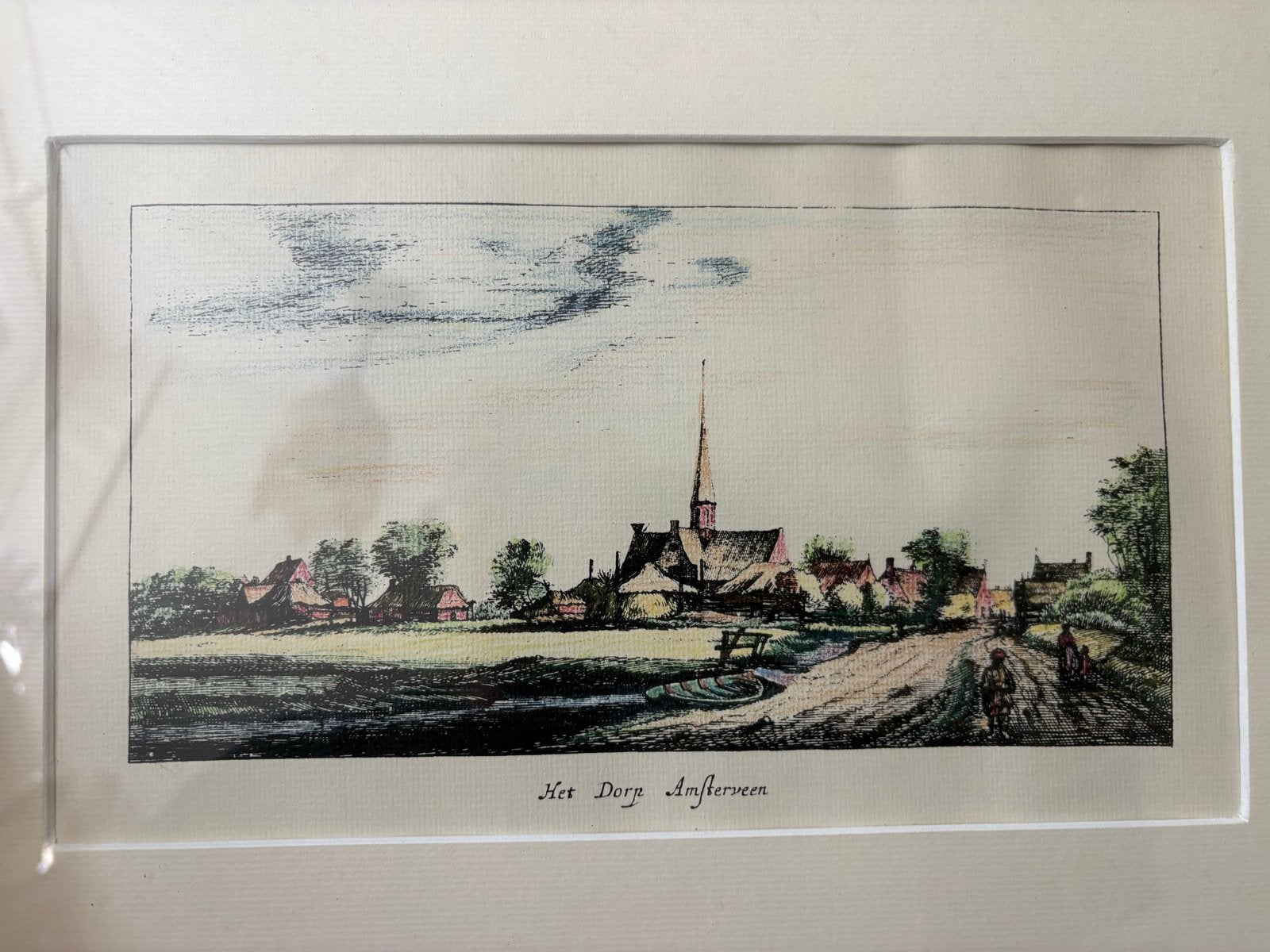 Ingelijste prent "Het Dorp Amstelveen", Antiek en Kunst, Ophalen of Verzenden, Print, Prent, Achter glas