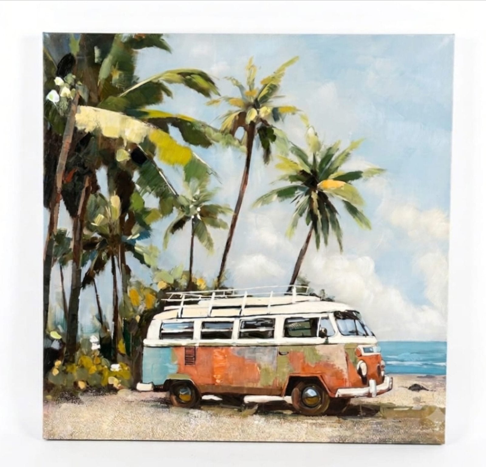 Schilderij VW busje met palmbomen Nieuwe - 100x100 cm, Handgeschilderd, Olieverf, Textiel, Landschap