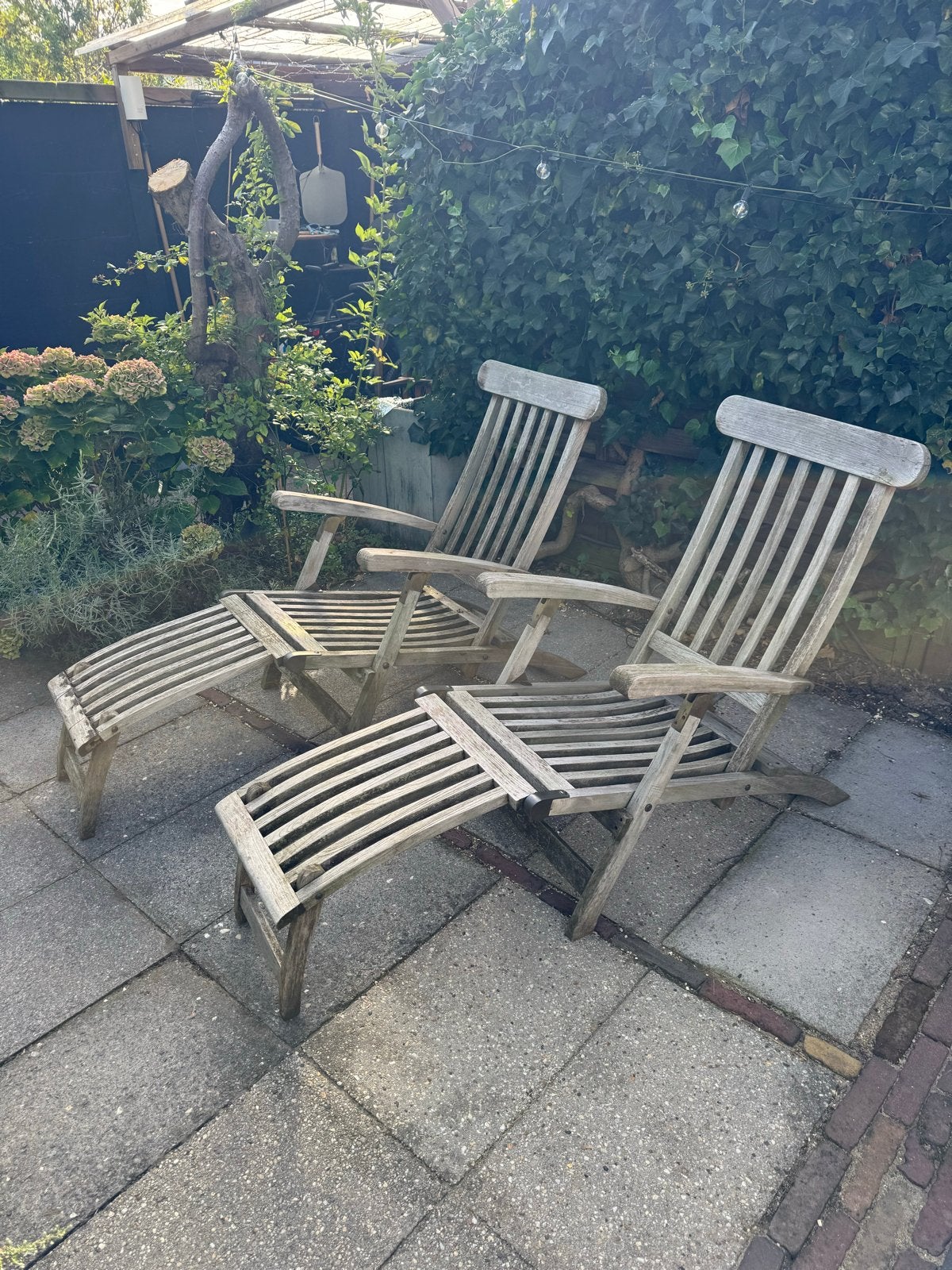 2 Teakhouten Deckchairs incl Kussens, Ophalen, Gebruikt, Teakhout, Verstelbaar