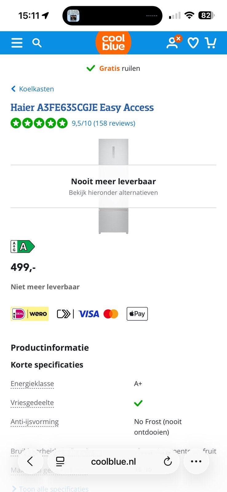 Haier A3FE635CGJE Easy Access koelkast, Ophalen, Zonder vriesvak, 200 liter of meer, 160 cm of meer