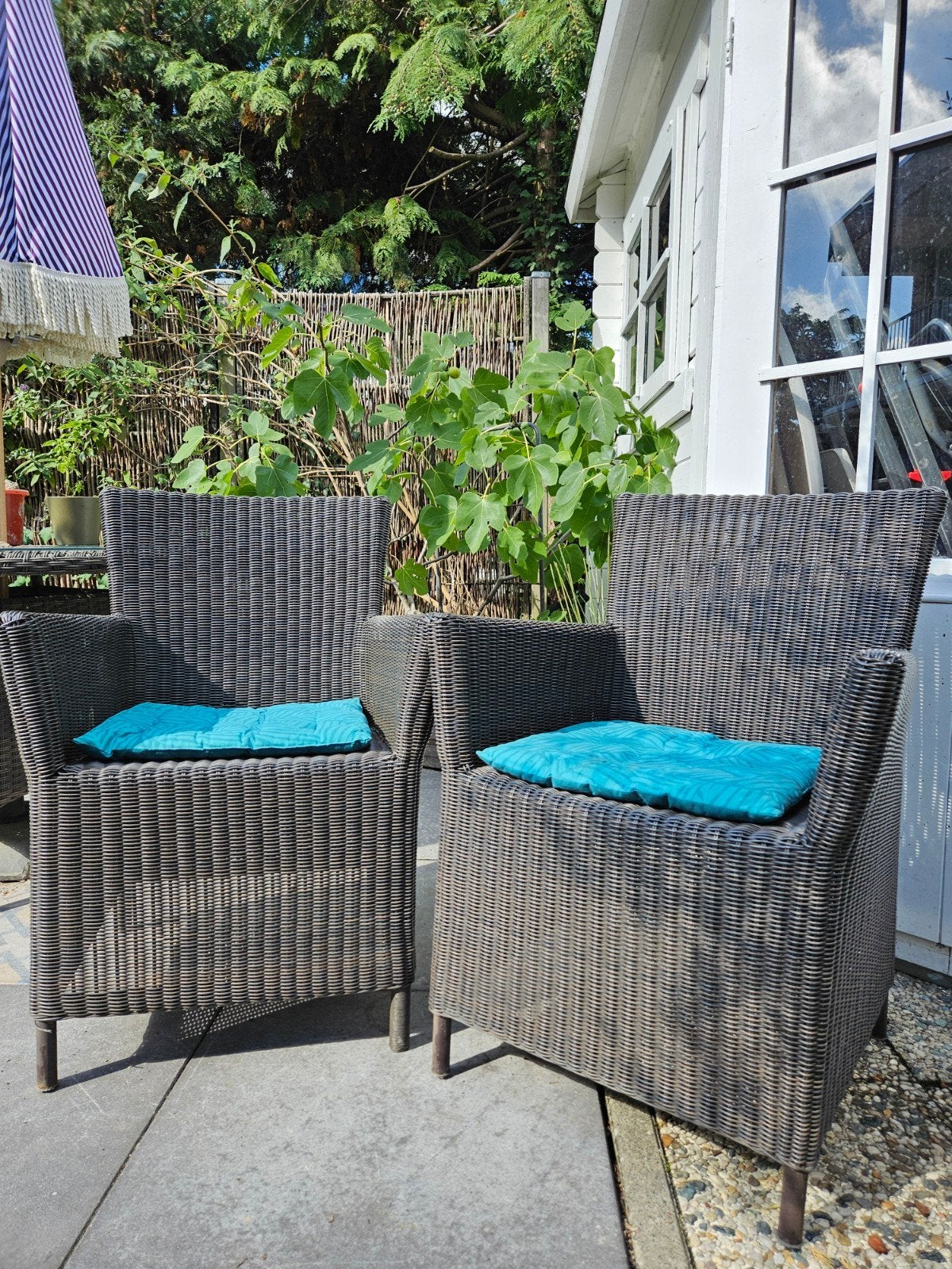 2 rotan stoelen met kussen, Ophalen, Gebruikt, Rotan