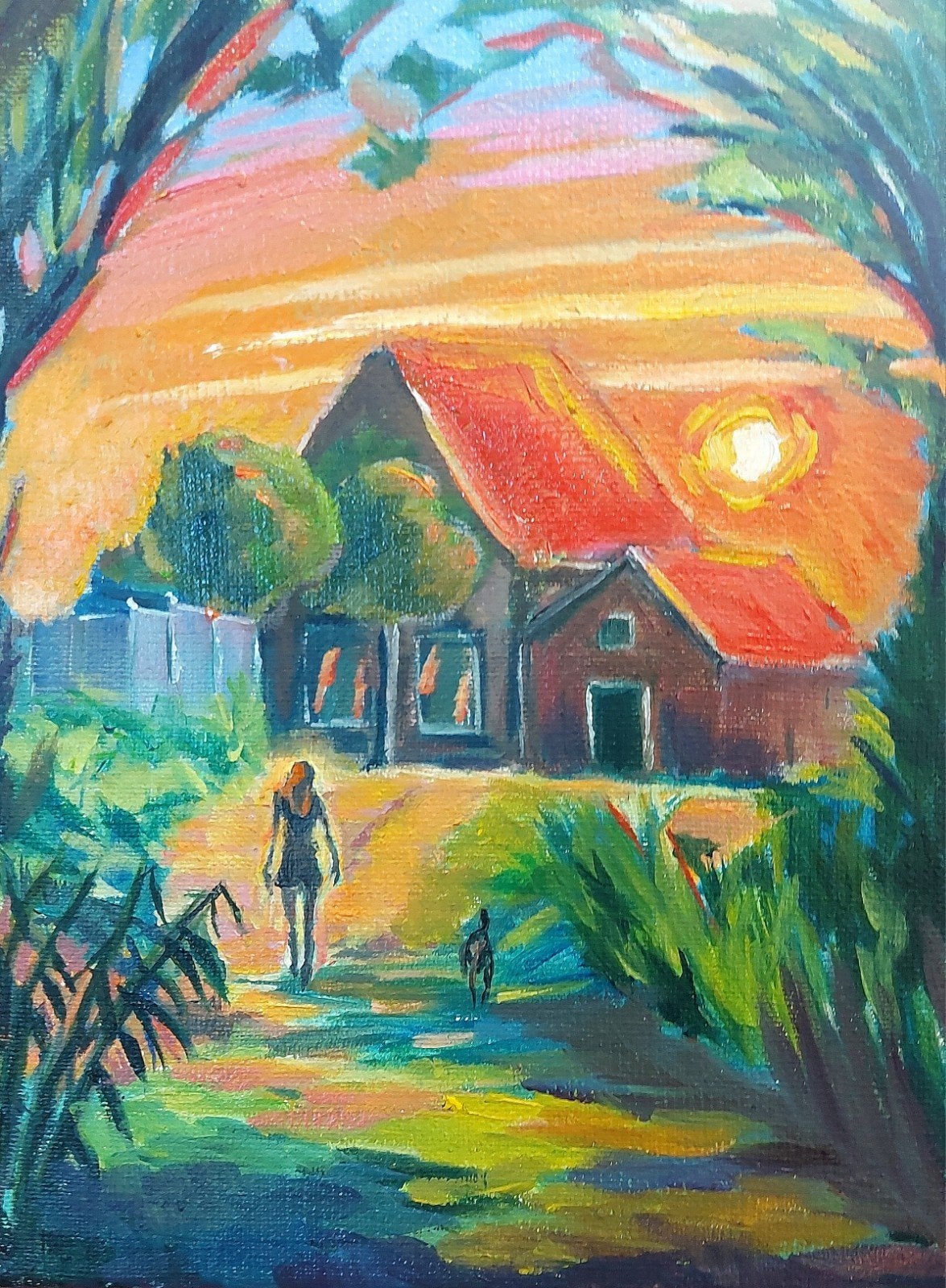 Olieverfschilderij: Avondwandeling vrouw met hond., Antiek en Kunst, Landschap, Handgeschilderd, Ophalen of Verzenden, Olieverf
