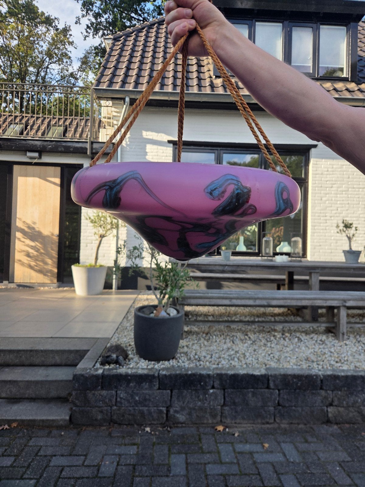 Unieke Roze art deco Hanglamp met Zwart/Blauw patroon, Ophalen