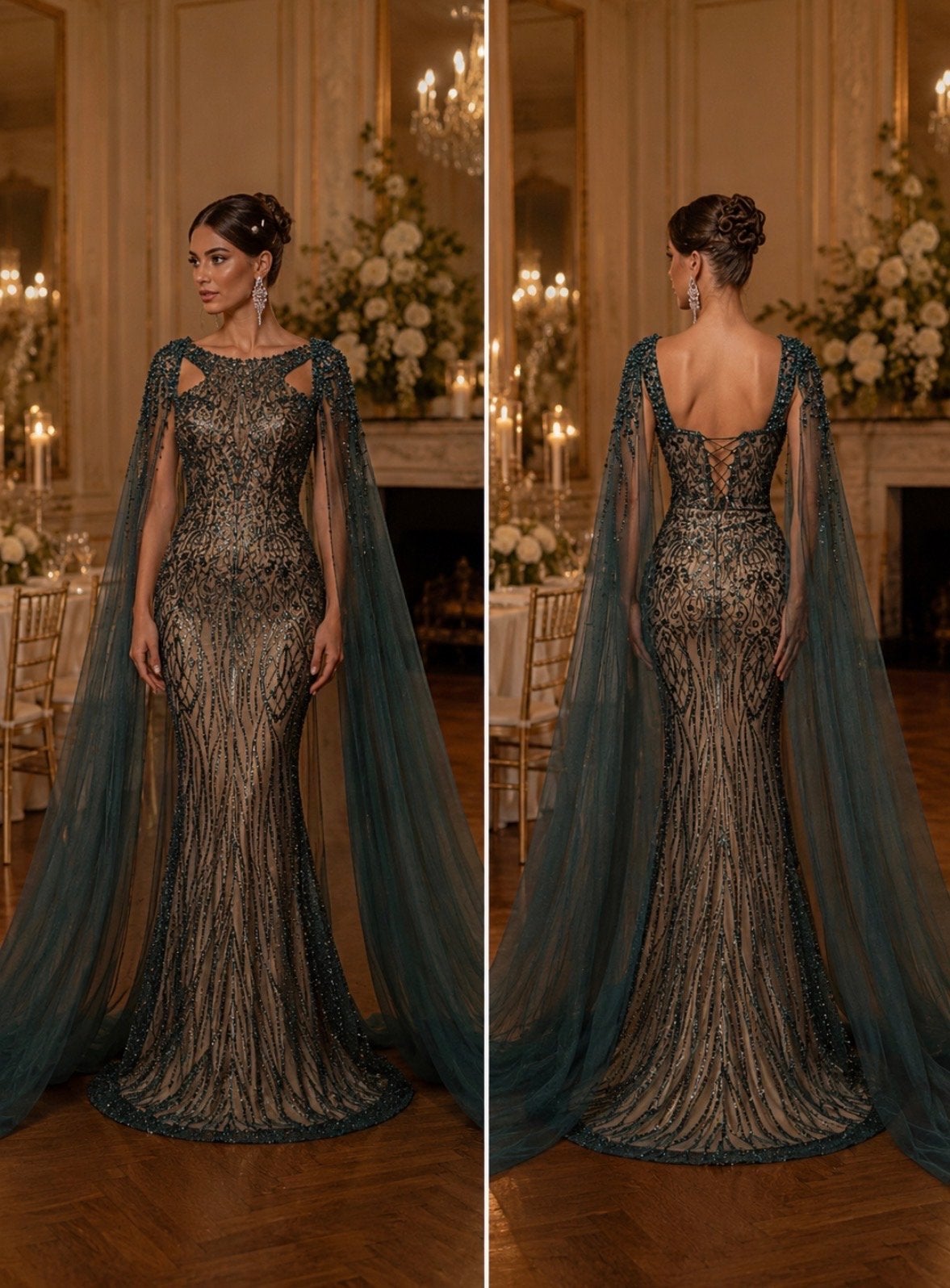 Prachtige Gala Jurk met Cape - Elegante Avondkleding, Galajurk, Zo goed als nieuw, Groen, Ophalen