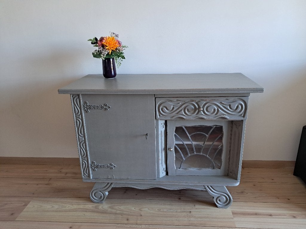 Vintage / Brocante kastje met glas-in-lood - taupe/ grijs, Ophalen