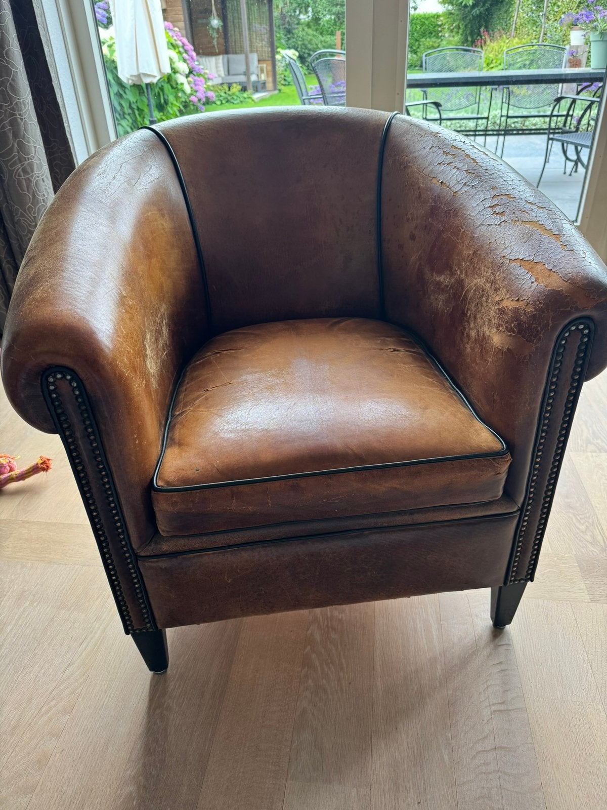 Engels schapenleren fauteuil, Huis en Inrichting, Ophalen, Gebruikt, Minder dan 75 cm, Leer