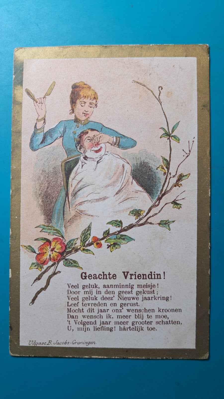 Nieuwjaarsbriefkaart, barbier kapper, Groetpolder, Winkel, Ophalen of Verzenden, Voor 1920, Gelopen