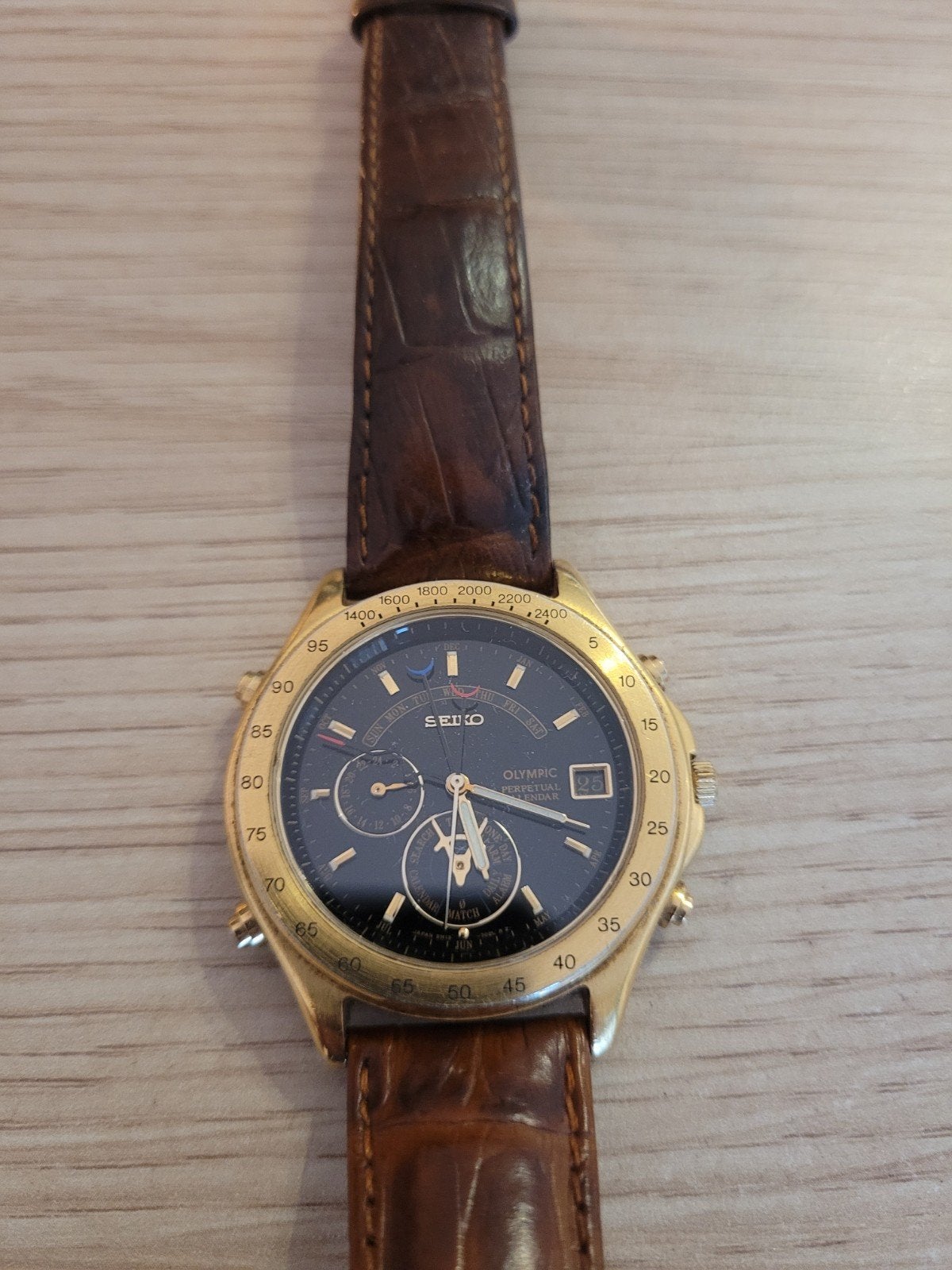 Seiko Olympic Chronograaf Polshorloge - Goudkleurig, Leer, Verzenden, Polshorloge, Zo goed als nieuw