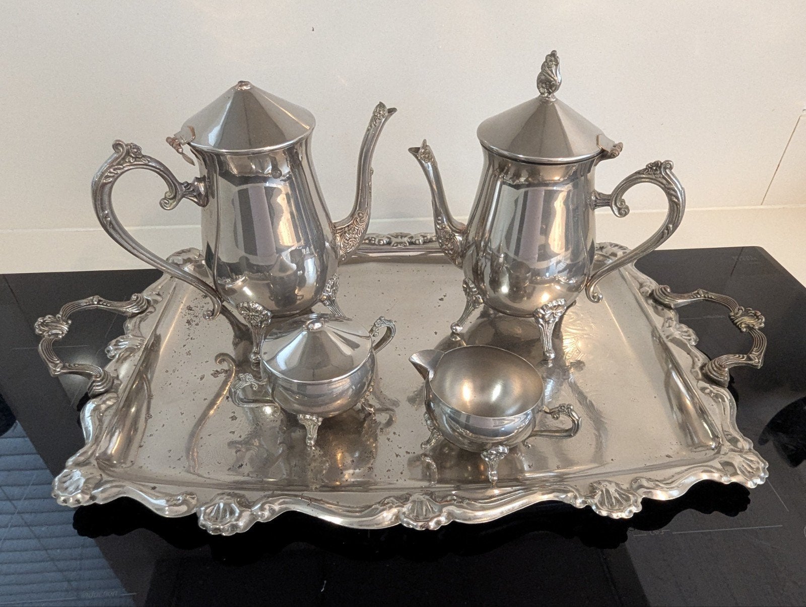 Vintage zilveren thee/koffie servies met dienblad, Antiek en Kunst, Antiek | Goud en Zilver, Ophalen of Verzenden