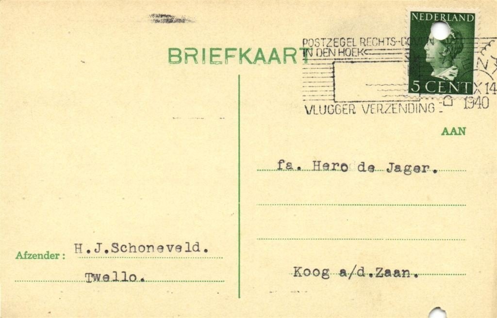 H.J. Schoneveld, Twello - 09.1940 - briefkaart, Ophalen of Verzenden, Briefkaart