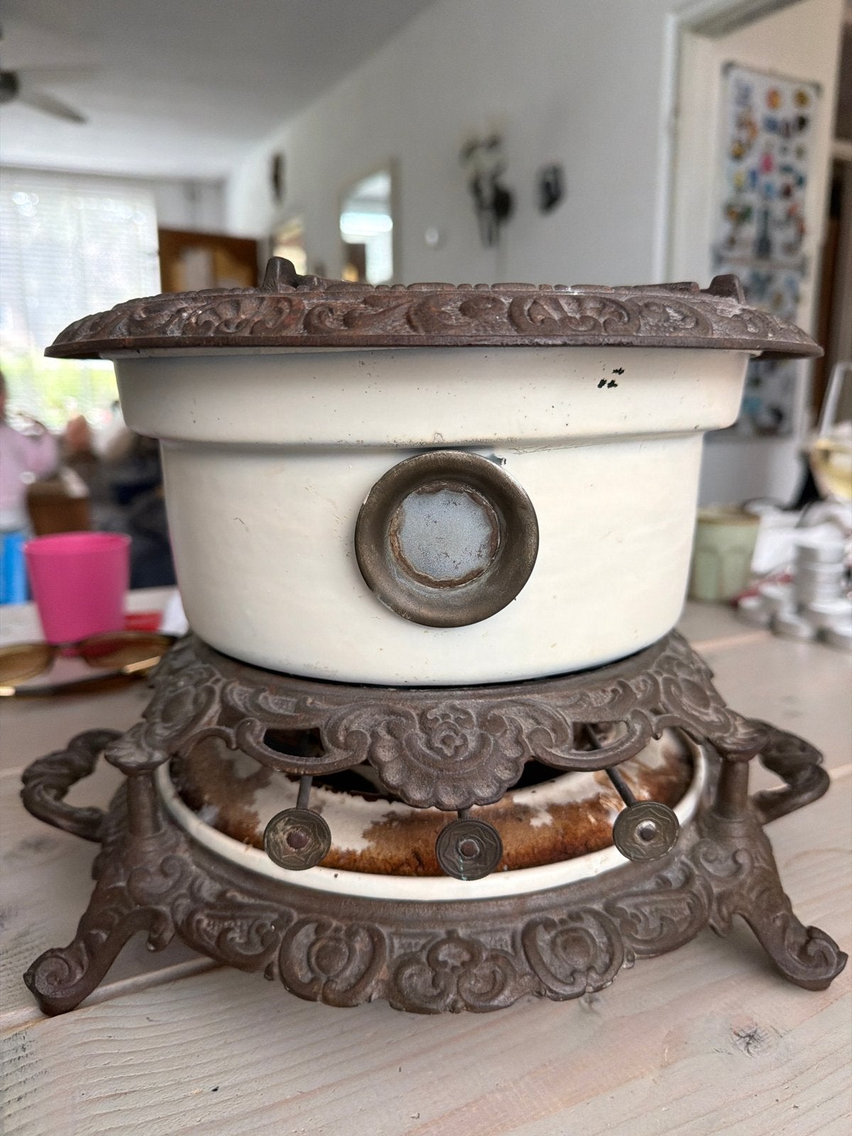 Antieke gietijzeren rechaud met emaille pot, Ophalen of Verzenden