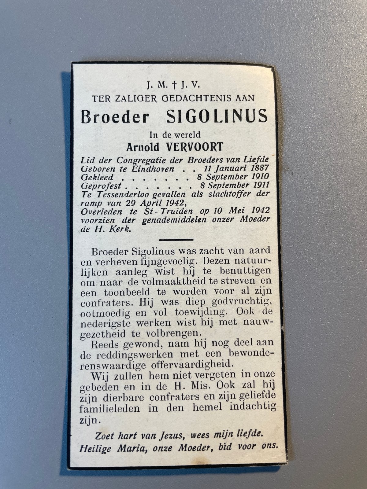 Bidprentje Broeder Sigolinus Arnold Vervoort (1887-1942), Ophalen of Verzenden, Gebruikt, Kaart of Prent, Christendom | Katholiek