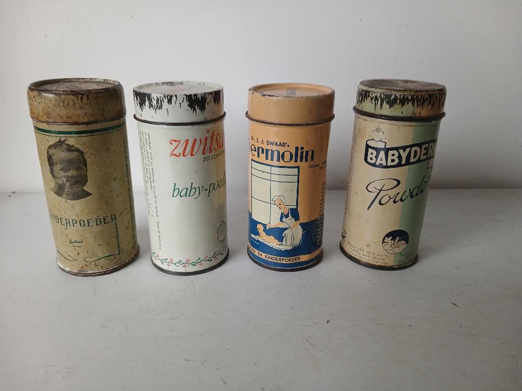 VINTAGE 4 bussen babypoeder : Zwitsal, Babyderm en Dermolin, Verzamelen, Verzenden, Gebruikt, Overige typen, Gevuld