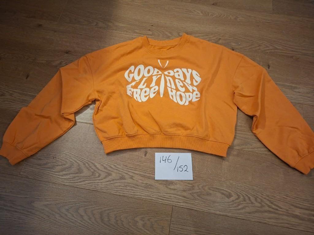 Oranje trui met print maat 146 / 152, Kinderen en Baby's, Kinderkleding | Maat 146, Ophalen of Verzenden, Gebruikt, Meisje, Trui of Vest