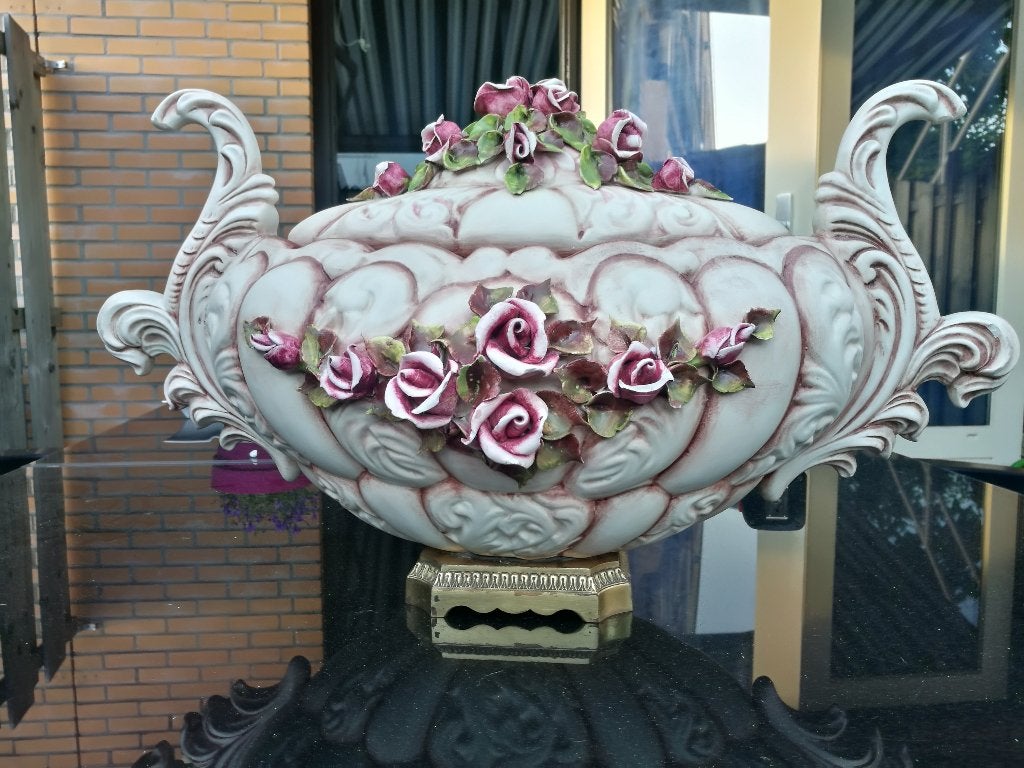 Antieke fruitschaal met bloemen, Ophalen of Verzenden