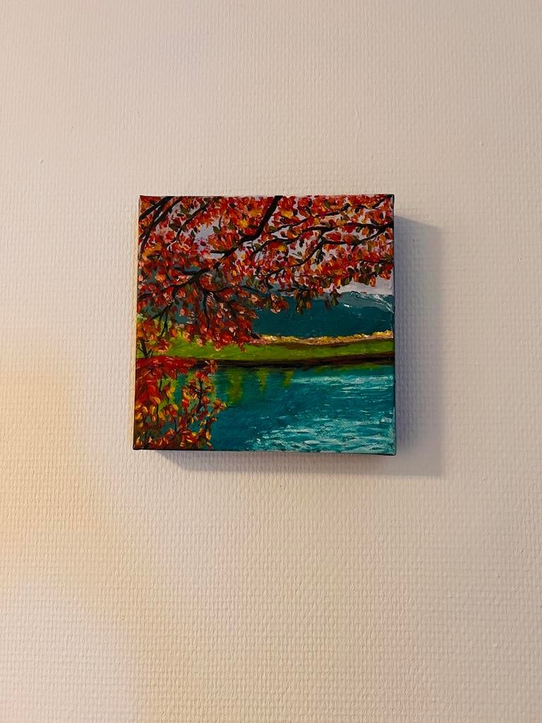 Olieverf Landschap op Canvas - Herfstkleuren aan het Water, Ophalen of Verzenden