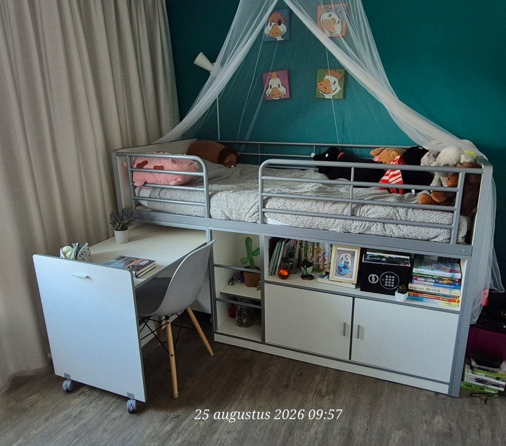 Halfhoogslaper Bonny Wit - eenpersoons bed 90x200 + bureau, Ophalen, 85 tot 100 cm, Gebruikt, 180 cm of meer