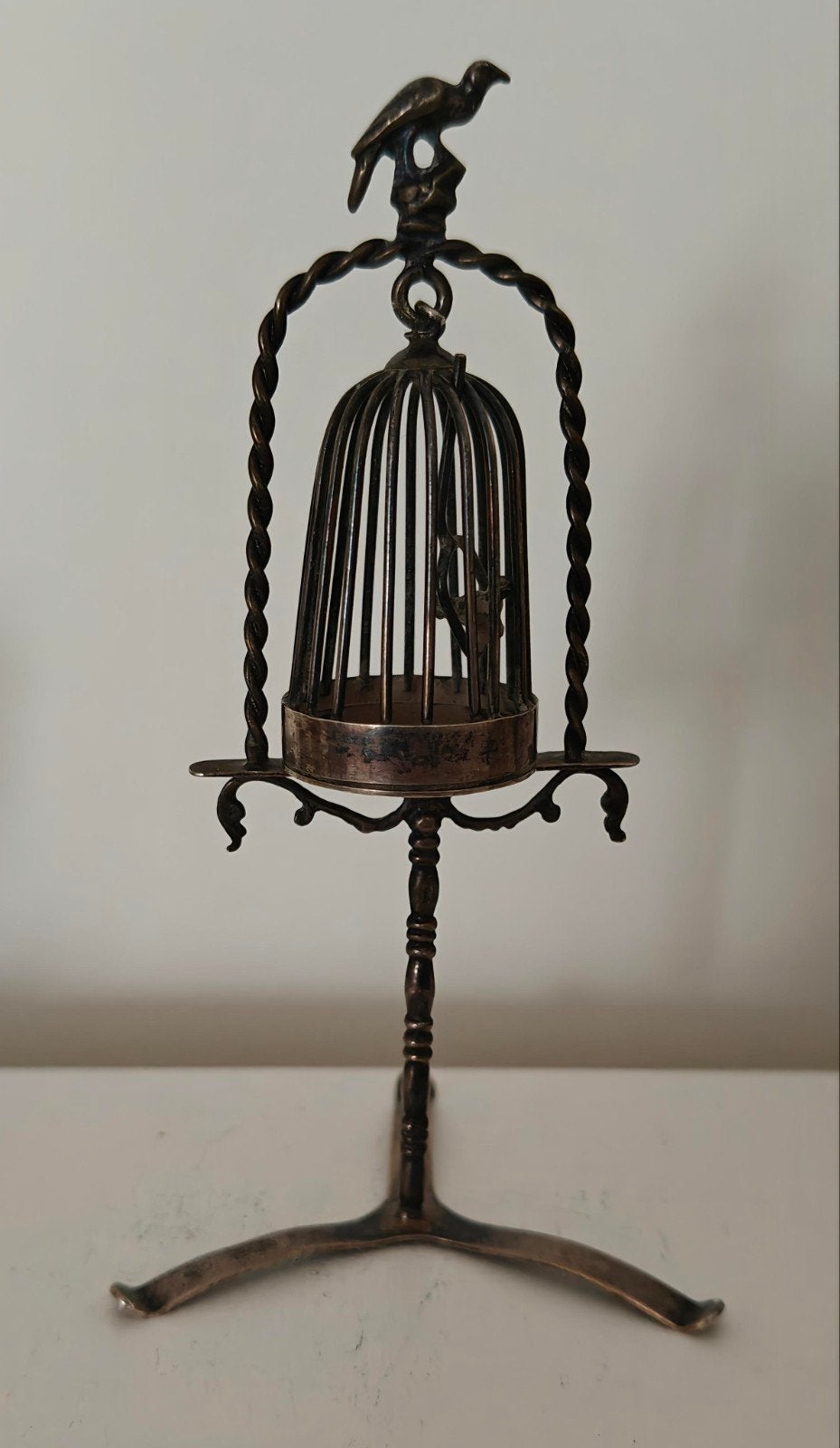 Zilveren Miniatuur Vogelkooi met Vogel op Standaard, Ophalen of Verzenden, Zilver