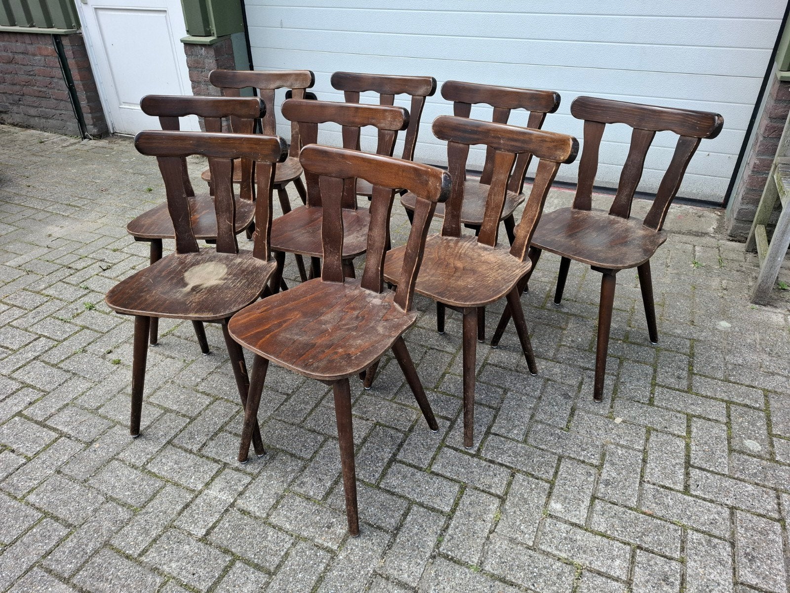 Flink gebruikte vintage Cafestoel stoelen 9dlg. Zie omschr,, Ophalen, Gebruikt, Bruin, Vijf, Zes of meer stoelen