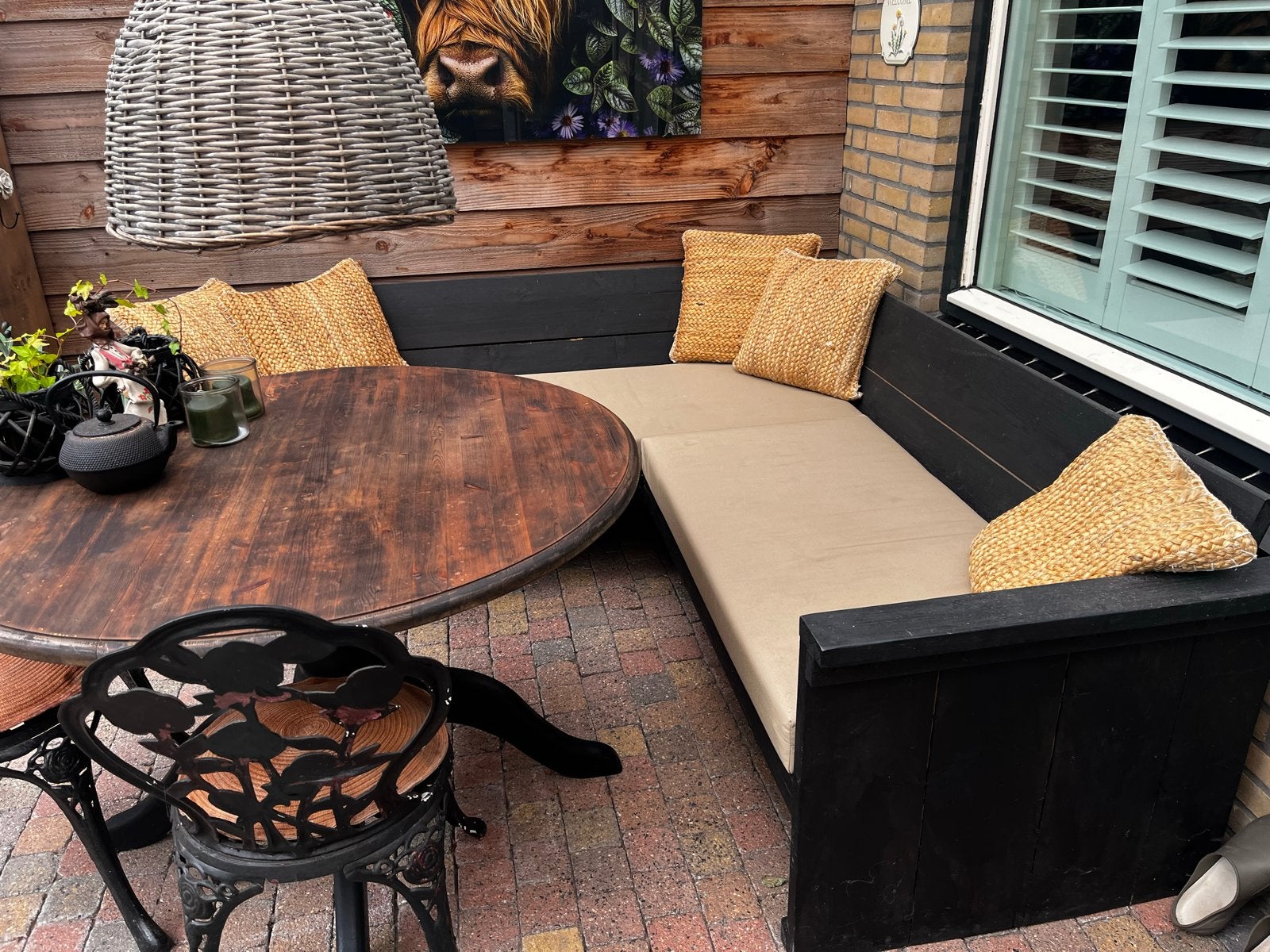 Steigerhouten Hoekbank met Maatwerk Zitkussens, Tuin en Terras, Tuinmeubel-accessoires, Ophalen, Gebruikt
