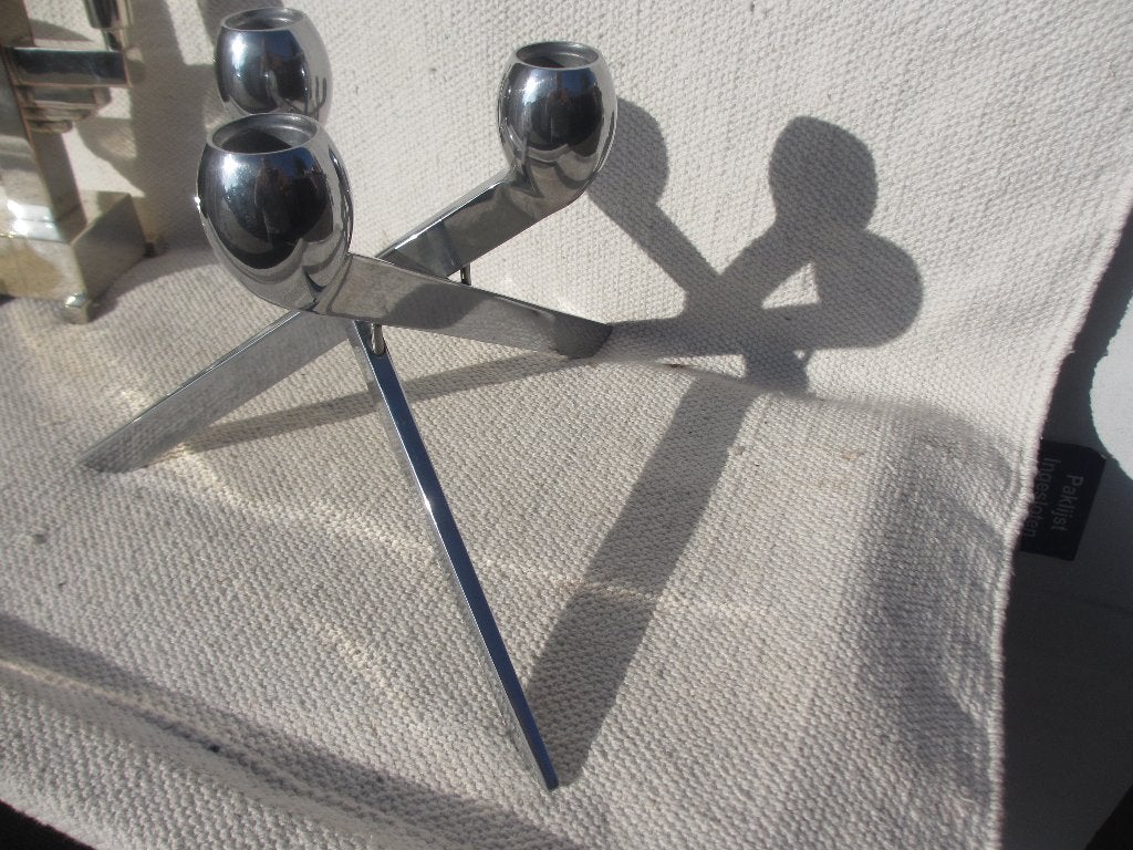 TWEE bijzondere space age kandelaars, Gebruikt, Ophalen of Verzenden, 22 cm, Metaal