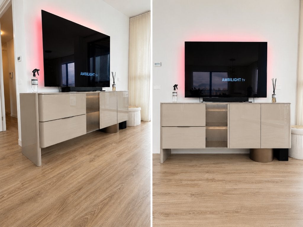 Luxe Design TV-Meubel / Dressoir – Hoogglans Crème – 224 cm, Ophalen, Zo goed als nieuw, 200 cm of meer, Met deur(en)