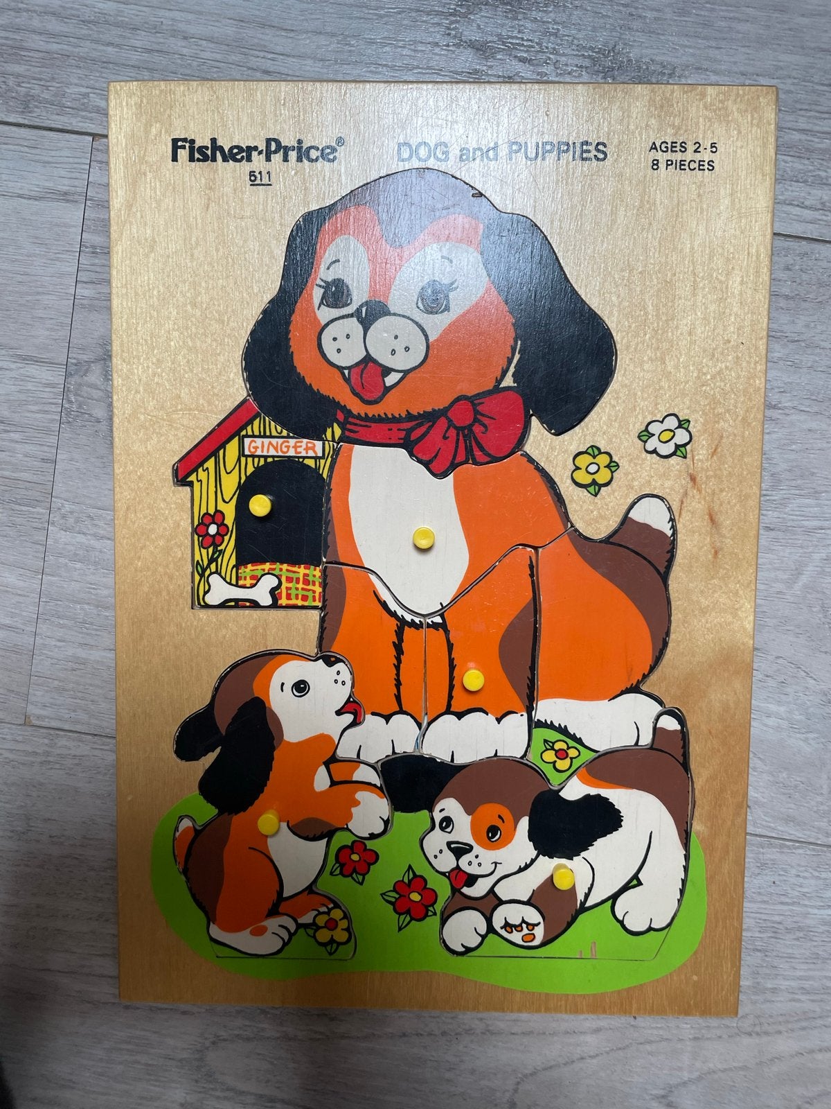 Vintage Fisher-Price Houten Puzzel Hond en Puppy's, 2 tot 4 jaar, Gebruikt, Ophalen of Verzenden, Van hout