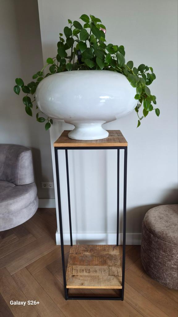 Stijlvolle plantenstandaard met houten blad en metalen frame, Ophalen, Zo goed als nieuw