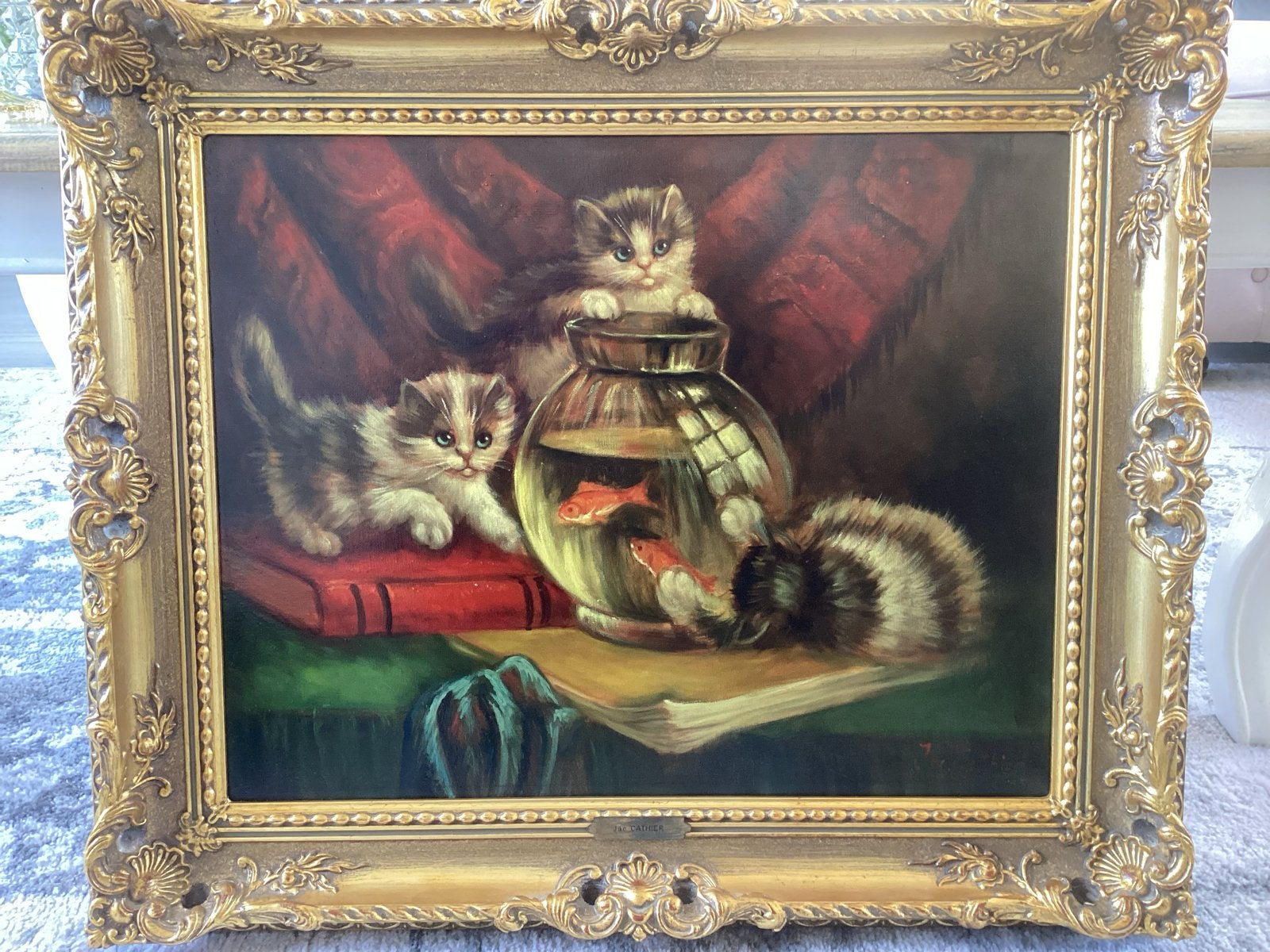 Schilderij 'Kittens en Goudvissen' van Jac. Cathier, Ophalen, Doek, Realistisch, Dieren